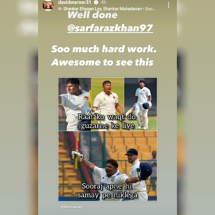 David Warner congratulates Sarfaraz Khan on his maiden Test century, celebrating the young talent's remarkable achievement.