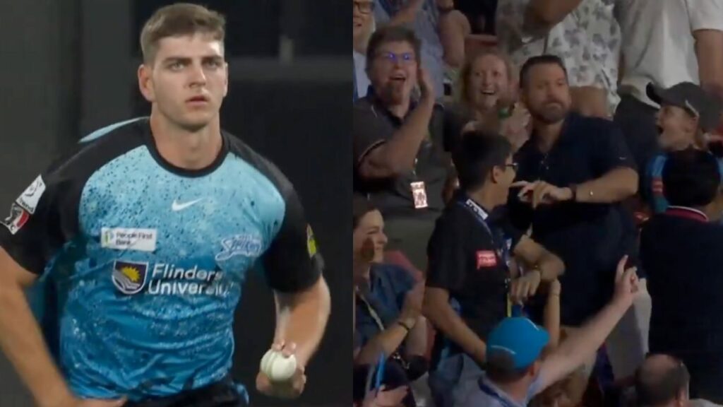 [WATCH] Liam Haskett gets smashed for a six by Nathan McSweeney; Liam's father takes the catch in the stands